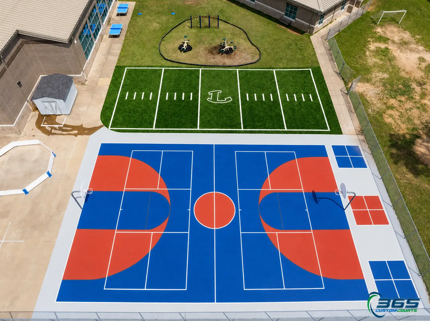 School complex with football field and basketball court