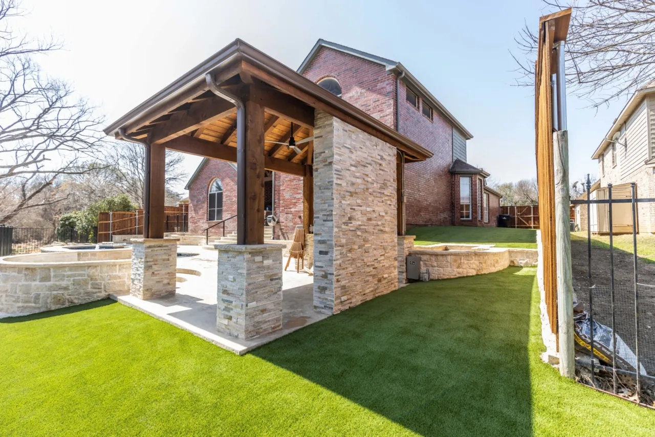 Turf lawn with pool and patio area