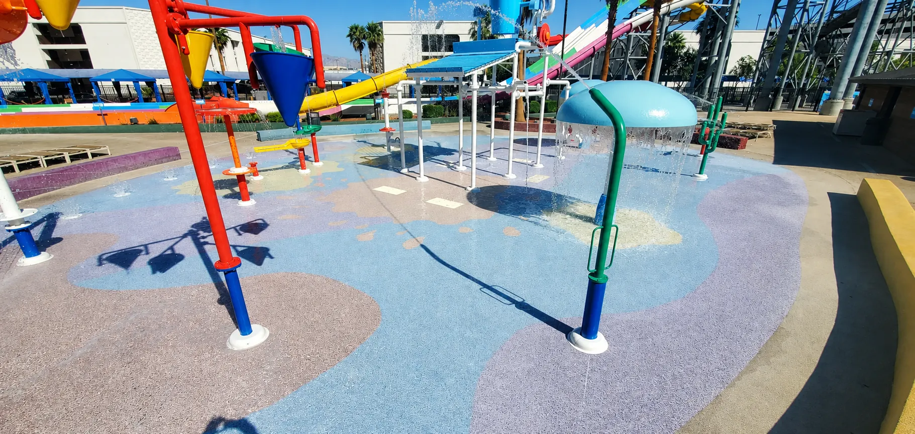 Water park splash pad with vibrant colors