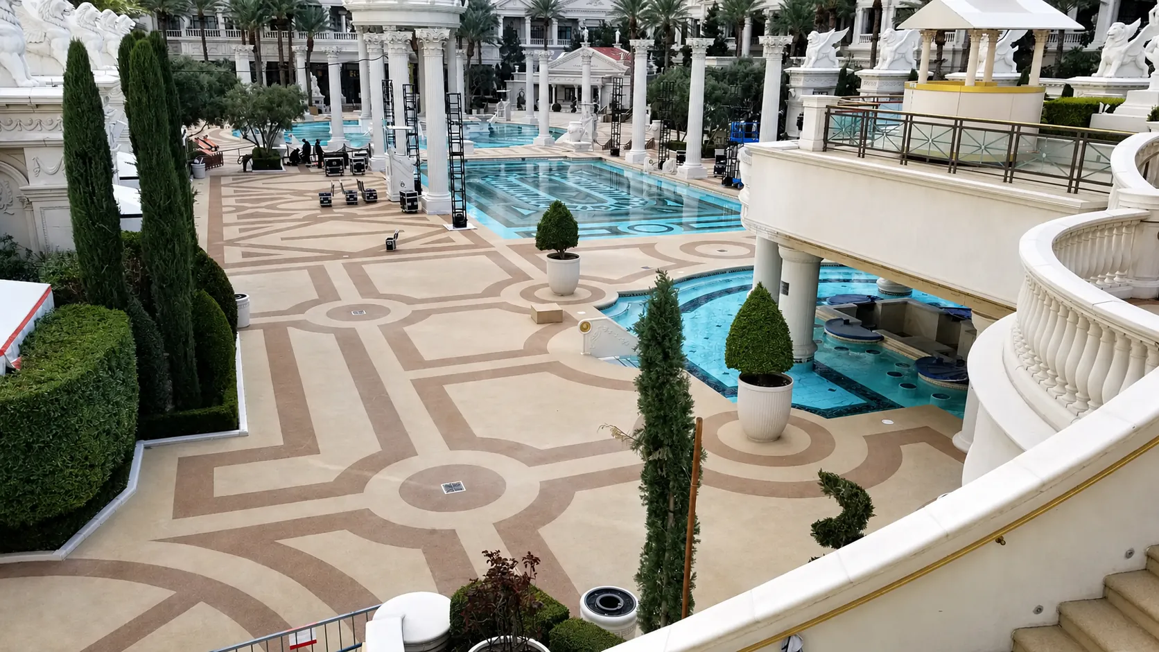 Caesars Palace pool deck with columns and geometric pattern