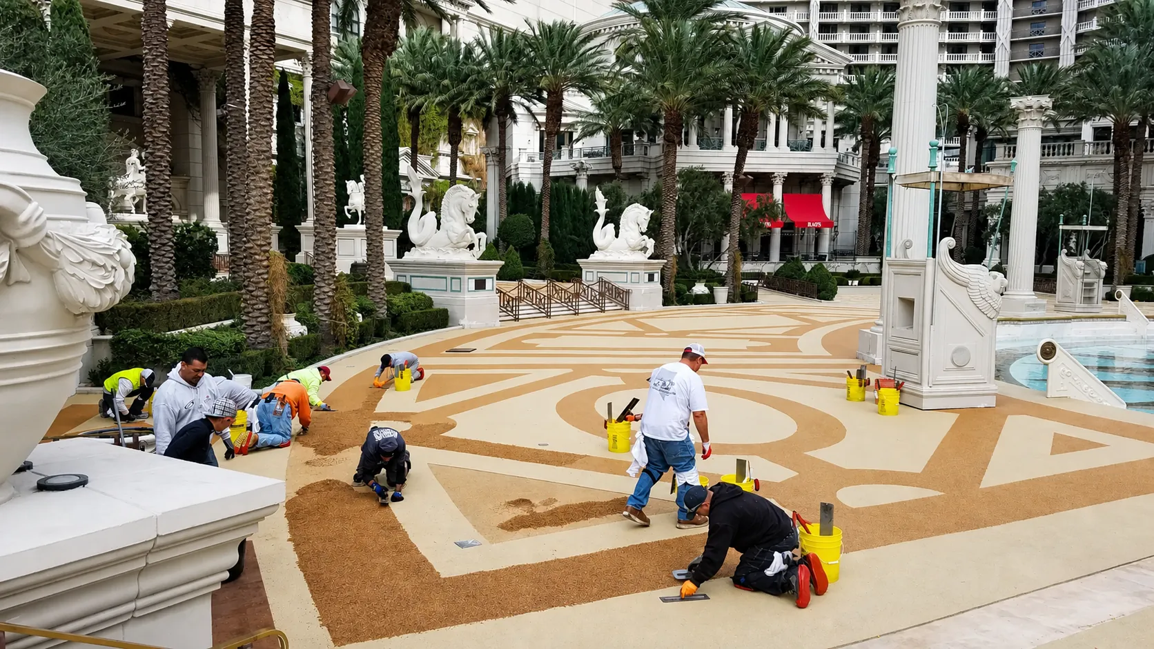 Crew installing decorative pool deck surfacing at Caesars Palace