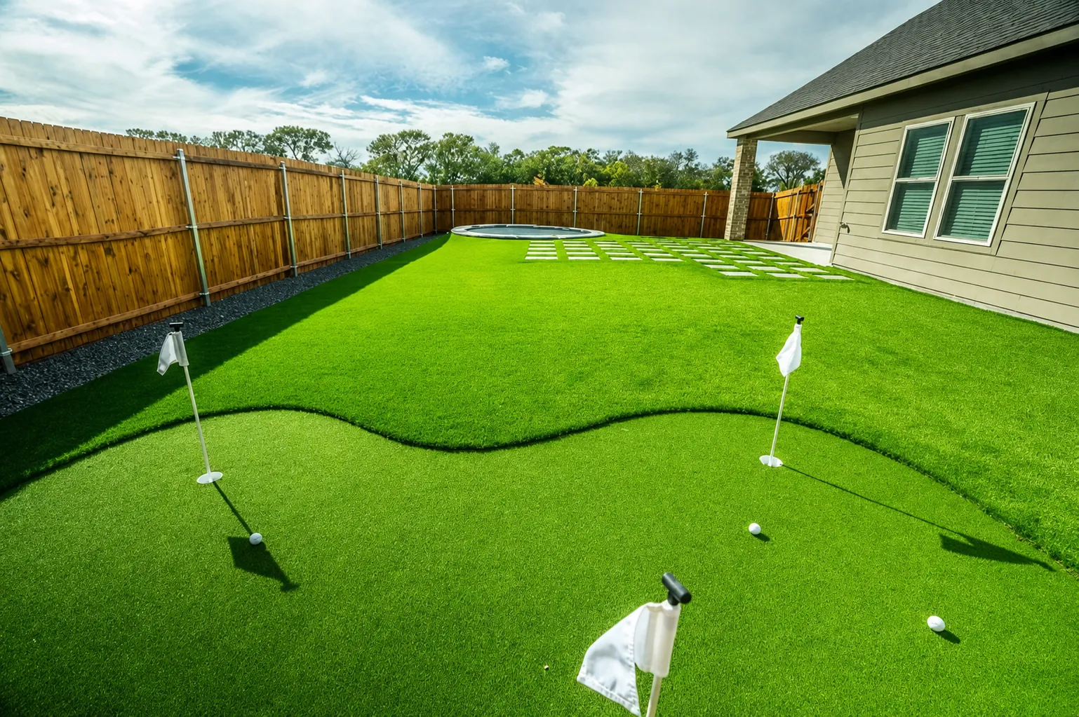 Backyard putting green with trampoline